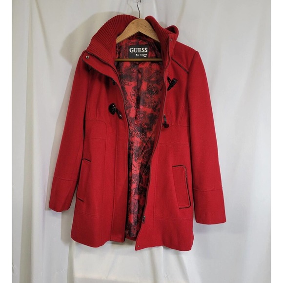 Guess Red Wool Lined Toggle Button Hooded Duffle Coat Size Medium - Picture 2 of 10